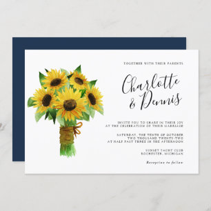 Invitation bouquet de tournesol et bleu marine mariage horizo