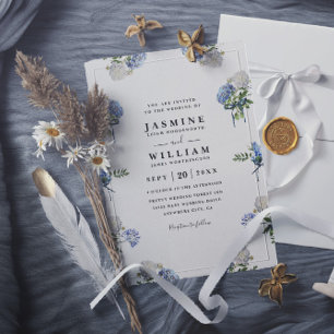 Invitation Bouquet d'hortensia bleu élégant code QR mariage