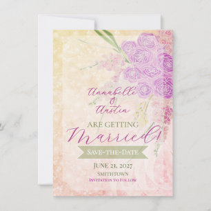Invitation Bouquet en rose à l'aube avec noeud en voile