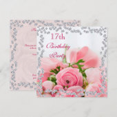 Invitation Bouquet encadré de diamants de rose 17e anniversai (Devant / Derrière)