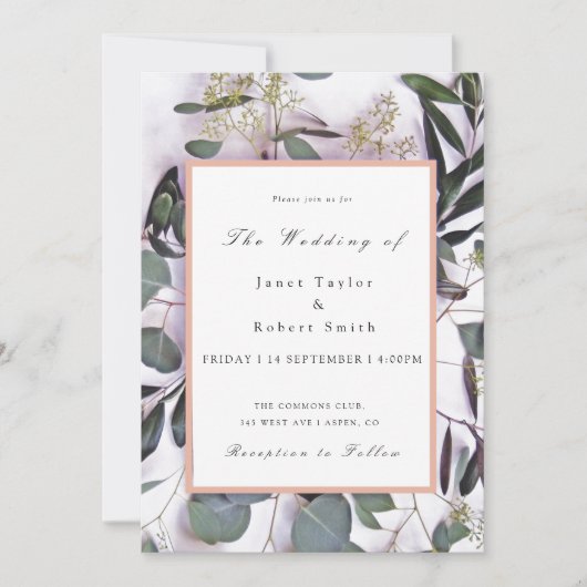 Invitation Bouquet Eucalyptus avec Mariage frontalier rose (Devant)