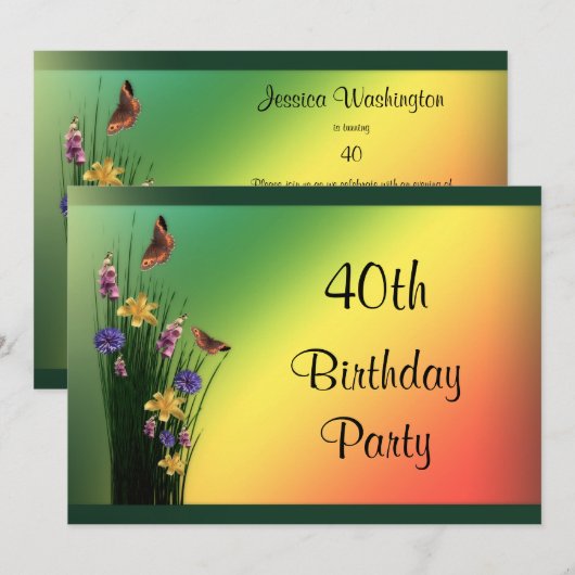 Invitation Bouquet Fleuri Et Papillons 40 Ans (Devant / Derrière)