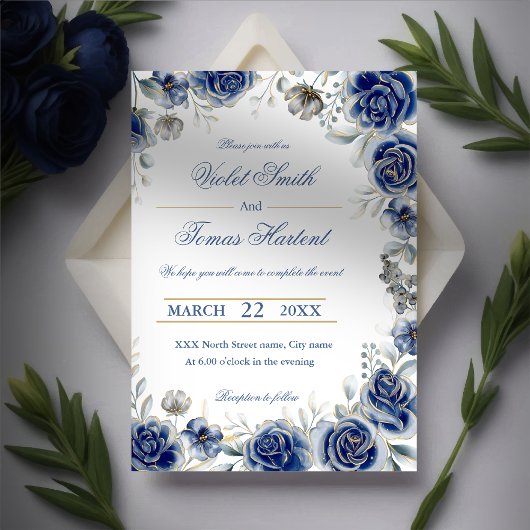 Invitation Bouquet floral aquarelle bleu marine mariage
