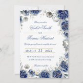Invitation Bouquet floral aquarelle bleu marine mariage (Devant)