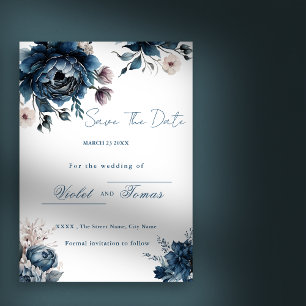 Invitation Bouquet floral aquarelle bleu marine Save The Date