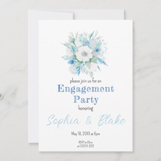 Invitation Bouquet floral bleu et blanc Parti d'engagement bl (Devant)