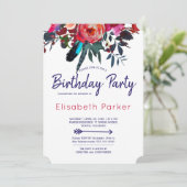 Invitation Bouquet floral bleu marine Boho fête d'anniversair (Debout devant)