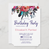 Invitation Bouquet floral bleu marine Boho fête d'anniversair (Devant)