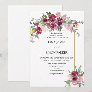 Invitation Bouquet floral bordeaux avec cadre doré