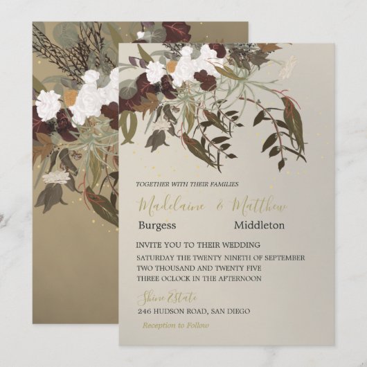 Invitation Bouquet floral botanique rustique Élégant or (Devant / Derrière)