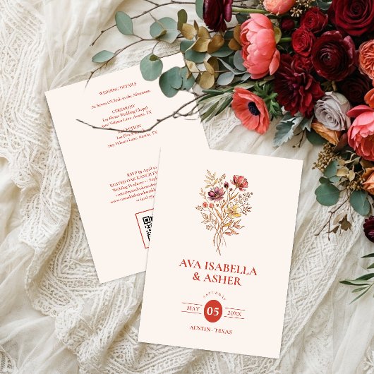 Invitation Bouquet Floral de Corail Rustique Mariage Code QR 