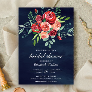 Invitation Bouquet Floral de Roses Rouges Mariage Naval Bleu