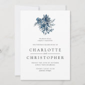 Invitation Bouquet floral indigo bleu mariage (Devant)