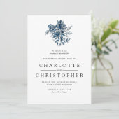 Invitation Bouquet floral indigo bleu mariage (Debout devant)