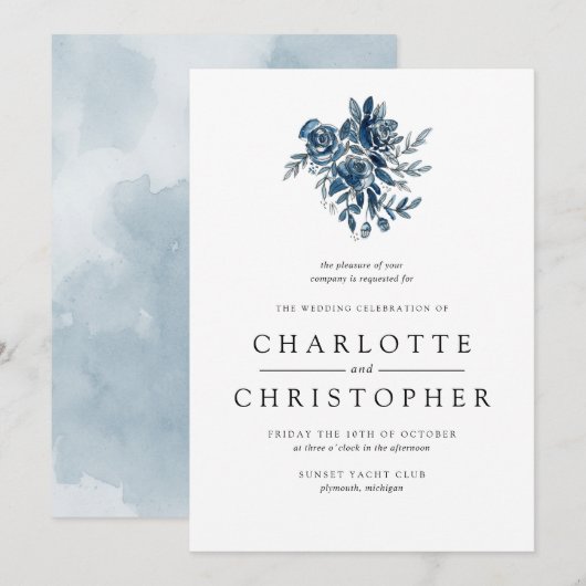Invitation Bouquet floral indigo bleu mariage (Devant / Derrière)