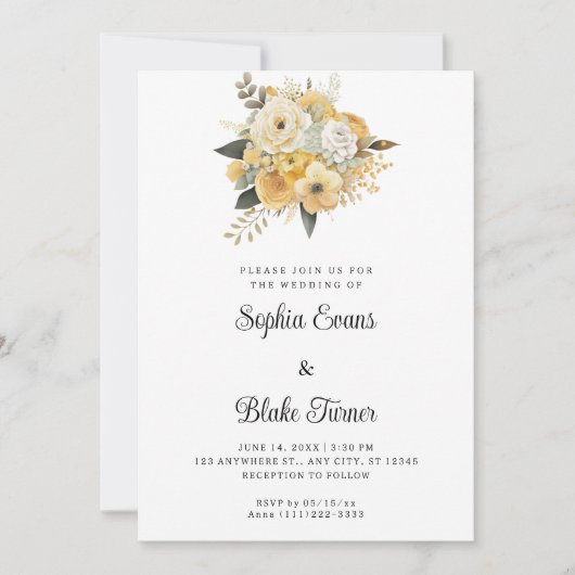 Invitation Bouquet floral jaune et blanc Mariage blanc (Devant)