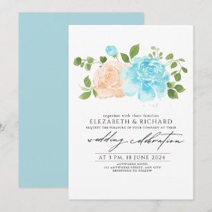 Invitation Bouquet Floral Moderne Fleurs de Pêcher Bleu Clair