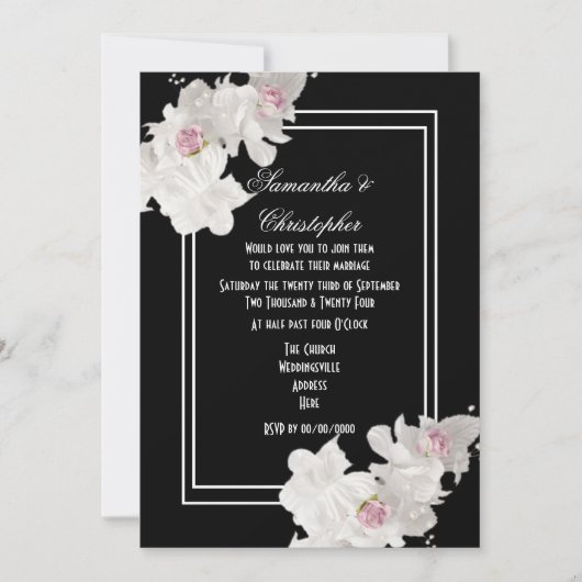 Invitation Bouquet floral noir et blanc mariage moderne (Devant)