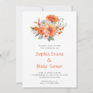 Invitation Bouquet Floral Orange Et Rose Mariage Blanc