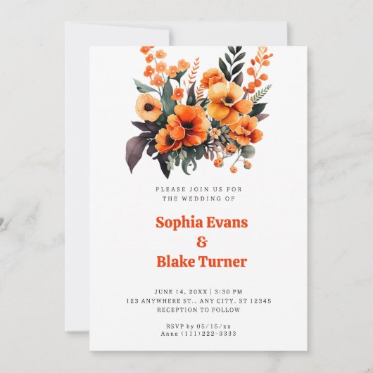 Invitation Bouquet Floral orange et vert Mariage blanc (Devant)