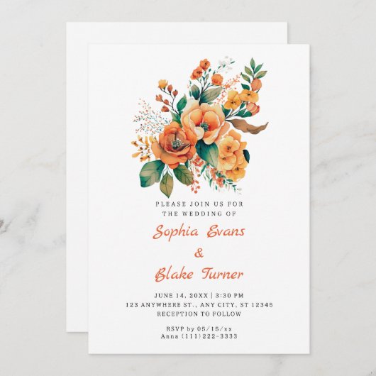 Invitation Bouquet Floral Orange Et Vert Mariage Blanc (Devant / Derrière)