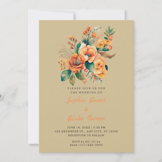 Invitation Bouquet Floral Orange Et Vert Mariage Olive (Devant)