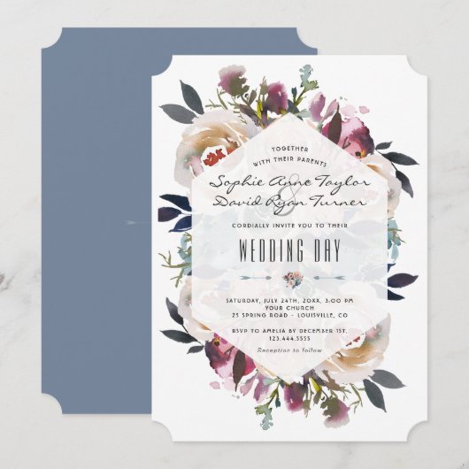 Invitation Bouquet floral rose bleu foncé Mariage géométrique (Devant / Derrière)