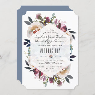 Invitation Bouquet floral rose bleu foncé Mariage géométrique