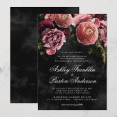 Invitation Bouquet floral rose moody sur noir (Devant / Derrière)