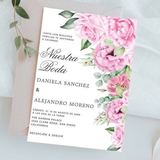 Invitation Bouquet floral rose Nuestra Boda Mariage espagnol