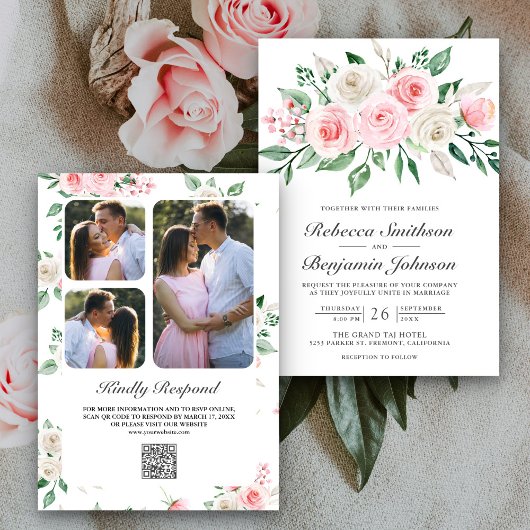 Invitation Bouquet floral rose poudré Code QR Mariage