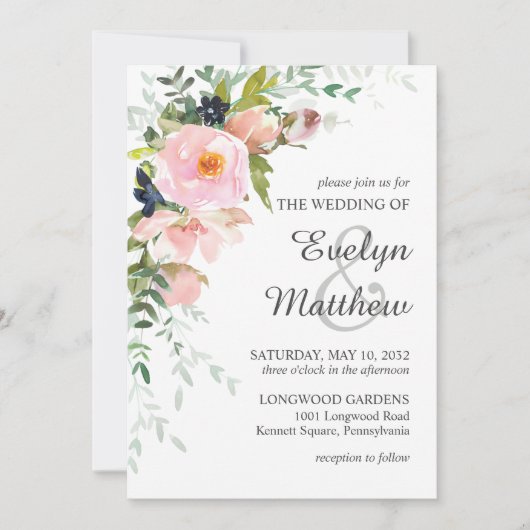 Invitation Bouquet floral rose sur Mariage blanc (Devant)