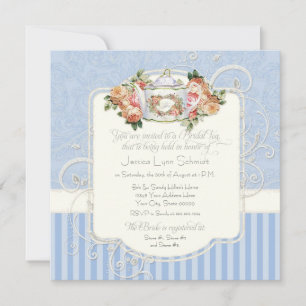 Invitation Bouquet Floral Rose vintage Bleu Blanc