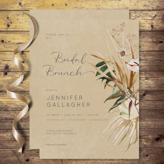 Invitation Bouquet Floral Séché Moderne Tan Boho pour Brunch 