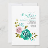 Invitation Bouquet floral turquoise et rose fête d'anniversai (Devant)