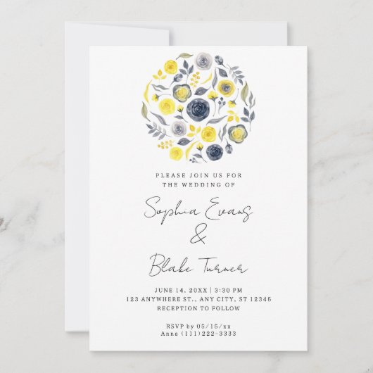 Invitation Bouquet Mariage Blanc Abstrait Jaune et Bleu (Devant)