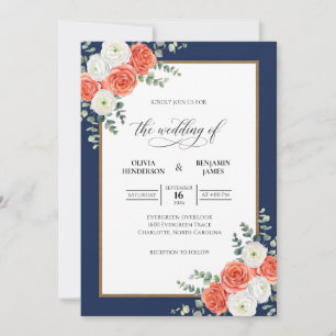 Invitation Bouquet Mariage Corail Navy Eucalyptus