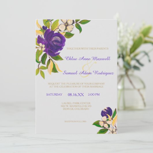 Invitation Bouquet Mariage couleur or pourpre (Debout devant)