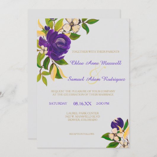 Invitation Bouquet Mariage couleur or pourpre (Devant / Derrière)