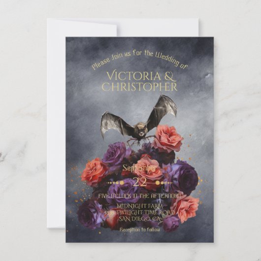 Invitation Bouquet mariage gothique vampire chauve-souris cro (Devant)
