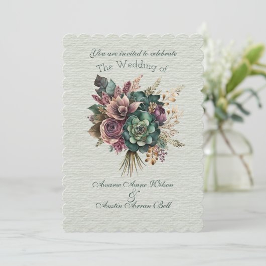 Invitation Bouquet Mariage vert et bourguignon (Debout devant)