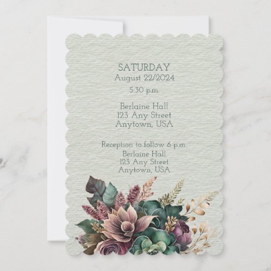 Invitation Bouquet Mariage vert et bourguignon (Dos)