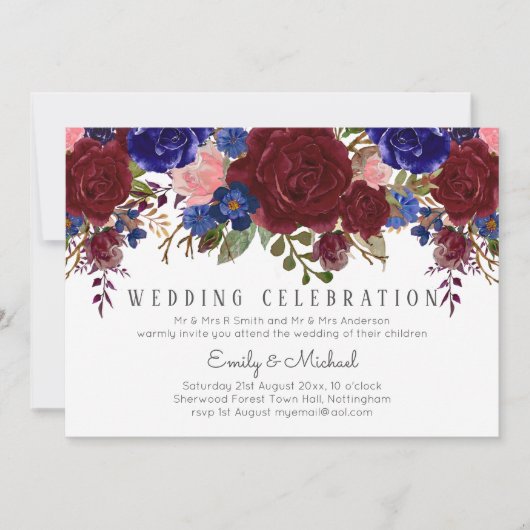 Invitation Bouquet Marsala Marine bleu rose MARIAGE floral (Devant)