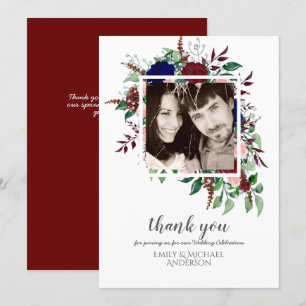 Invitation Bouquet Marsala MERCI aux fleurs roses bleues