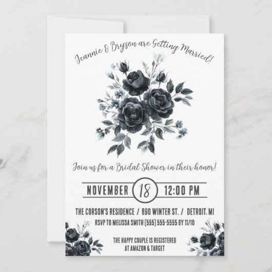 Invitation Bouquet noir, Emo, Goth, Fête des mariées monochro (Devant)