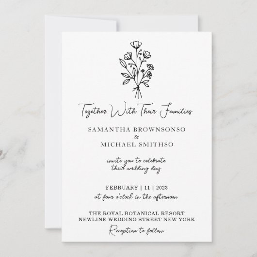 Invitation Bouquet noir et blanc Boho minimaliste (Devant)