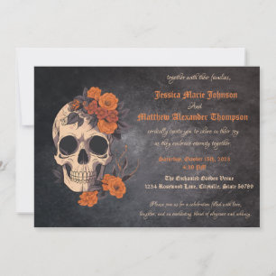 Invitation Bouquet Orange Envoûtant sur un Crâne de Mariage C