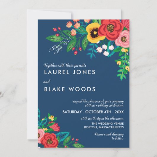 Invitation Bouquet populaire Boho - Mariage bleu profond (Devant)