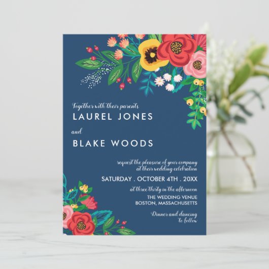 Invitation Bouquet populaire Boho - Mariage bleu profond (Debout devant)