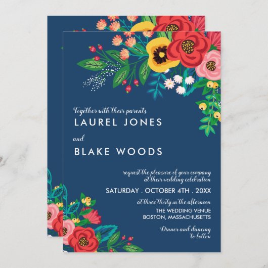 Invitation Bouquet populaire Boho - Mariage bleu profond (Devant / Derrière)